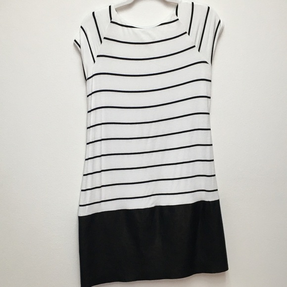 Bailey 44 Faux Leather Cotton Shift Dress Medium Stripe 60’s Vibe Casual Stretch - Picture 8 of 8